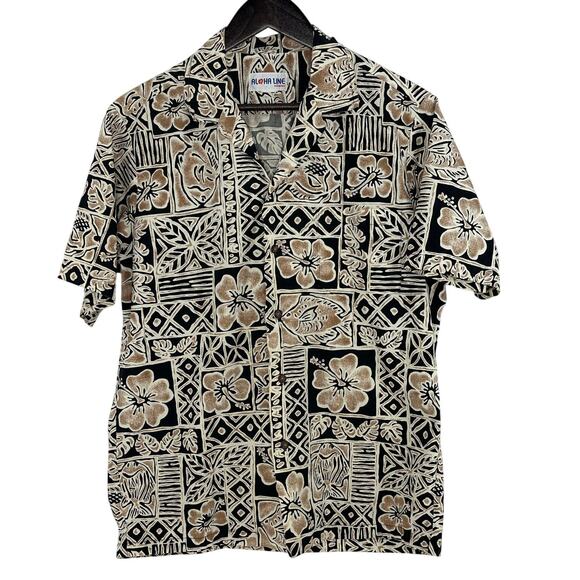 Aloha Line Hawaii Button Up Shirt Mens XL Black Tan Creme Tropical Floral Beachy - Picture 1 of 4